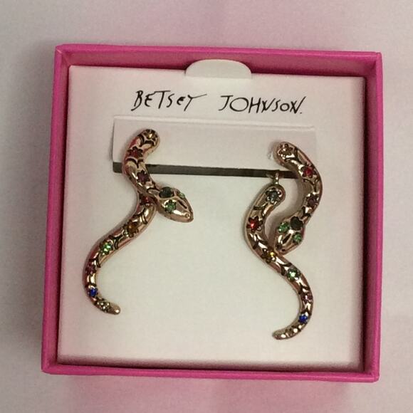 NIB BETSEY JOHNSON GOLD TONE SNAKE RAINBOW RHINESTONE DANGLE EARRINGS - Picture 2 of 7